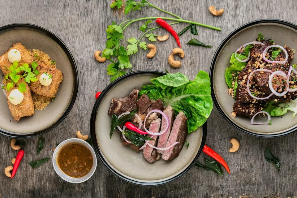 Plated dishes on a wooden table